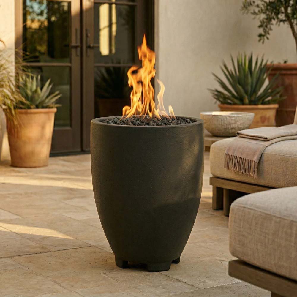 Dark charcoal concrete gas fire pit with open burner and dancing flames