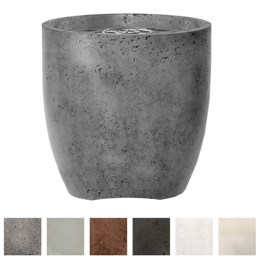 Gray concrete gas fire pit bowl with top burner opening; color options shown below