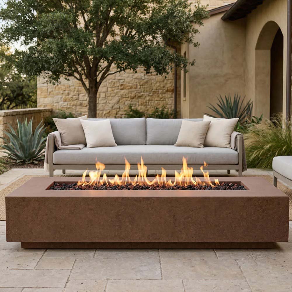 Taupe concrete gas fire pit with flames in rectangular fire bed