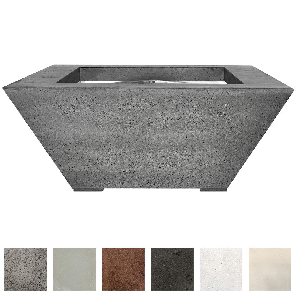 Square concrete gas fire pit with stainless burner, top view; gray concrete body