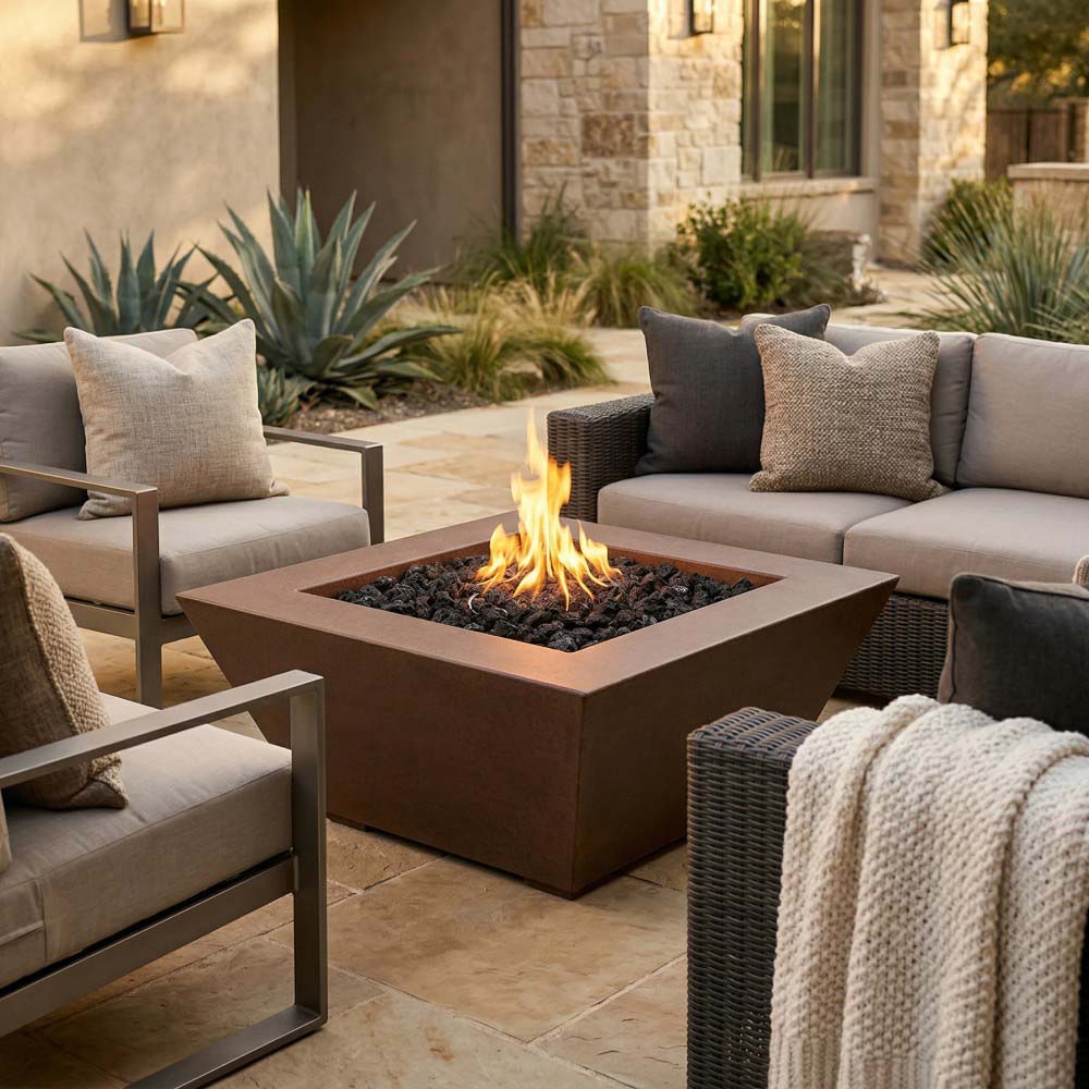 Square concrete gas fire pit with open flame, taupe beige concrete surround