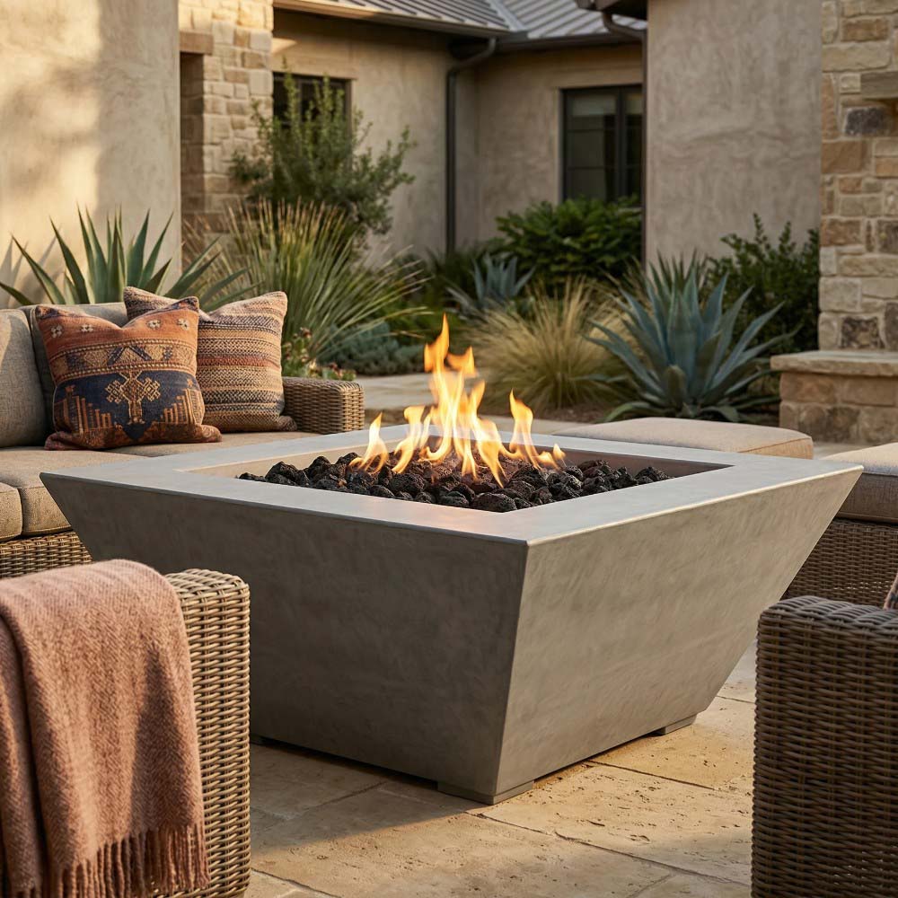 Square concrete gas fire pit with open flame, light gray concrete finish