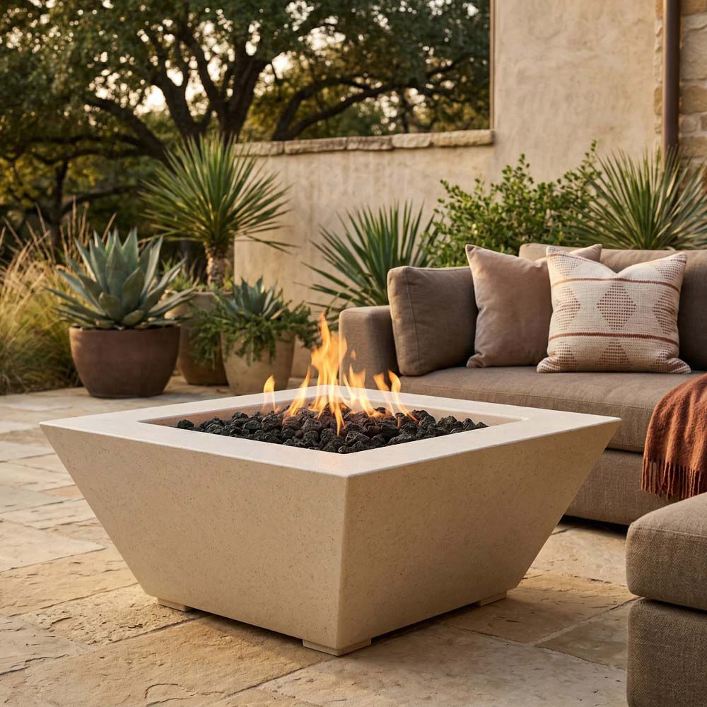 Square concrete gas fire pit with open flame, light beige concrete finish