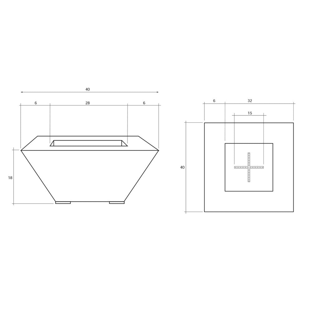 Square concrete gas fire pit, 40x40 in, cutaway side and top view drawing