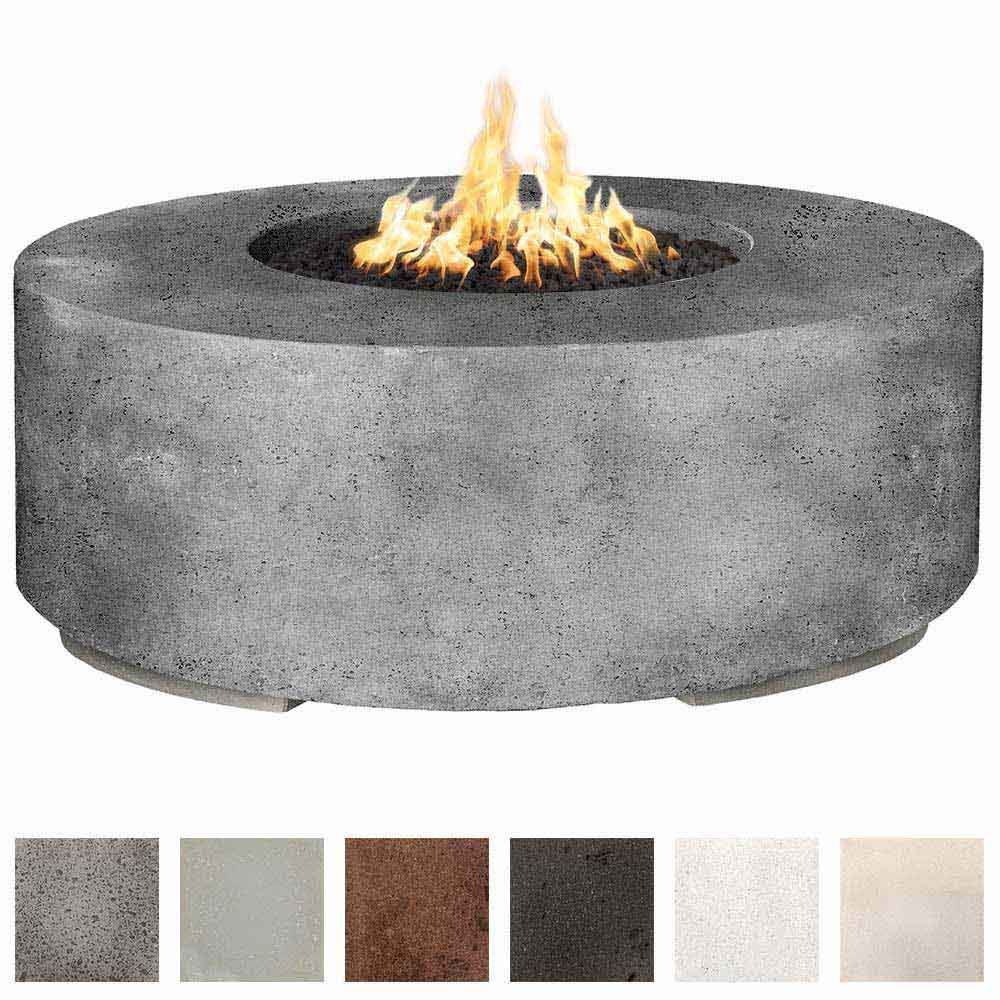 Round concrete gas fire pit with textured gray finish and flame opening