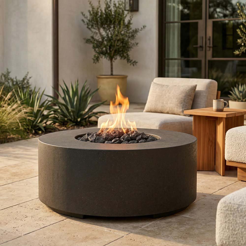 Round concrete gas fire pit in dark gray with flame over lava rocks