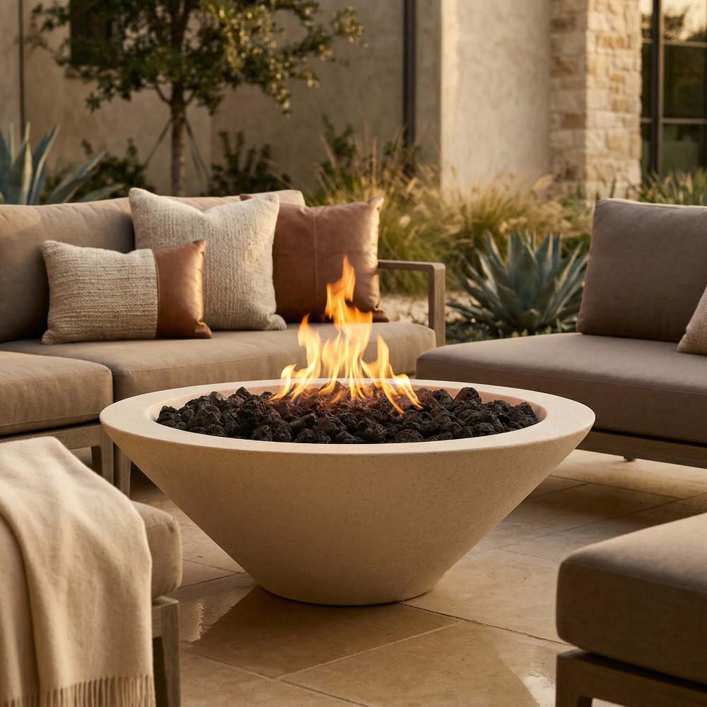 Light-colored concrete gas fire pit bowl with open flame and pebble burner