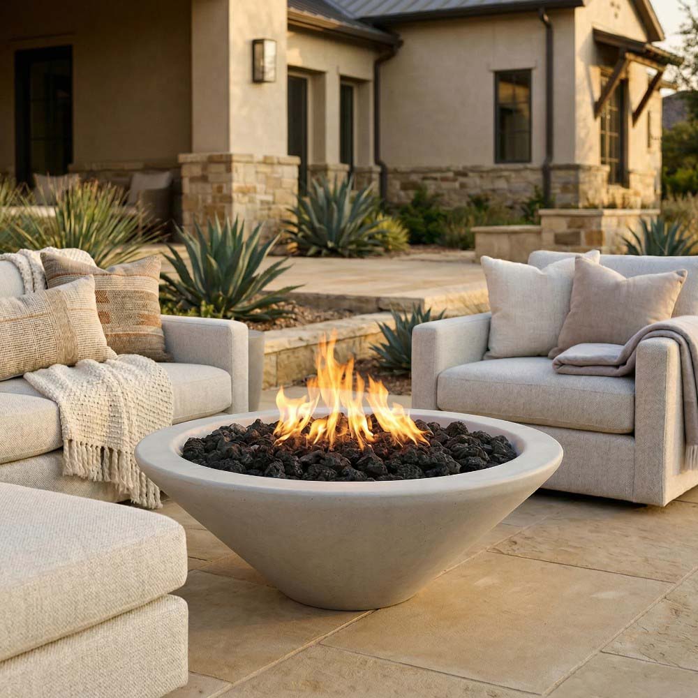 Light concrete gas fire pit bowl with flames and pebble-style burner