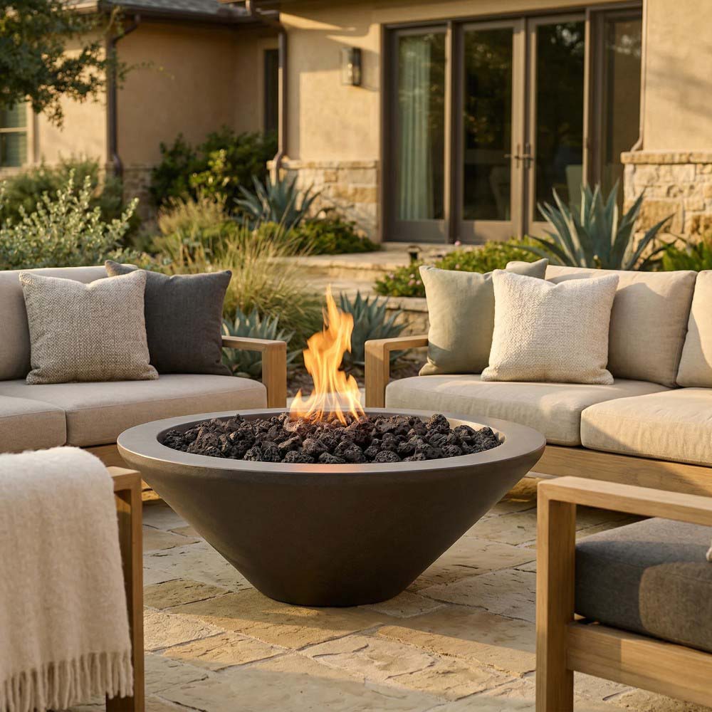 Brownish concrete gas fire pit bowl with flames and black burner media