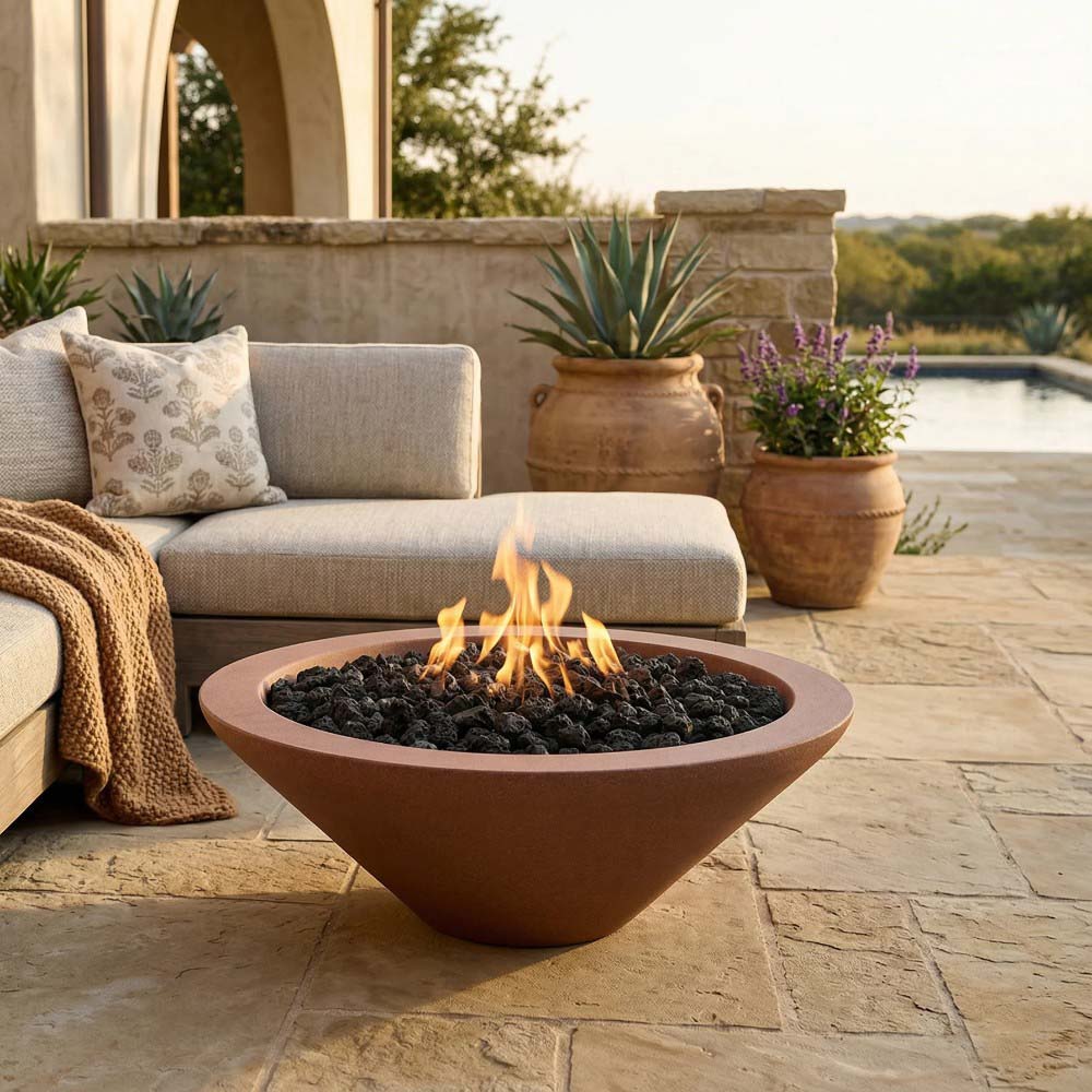 Round concrete gas fire pit bowl with flames on pebble-style burner base