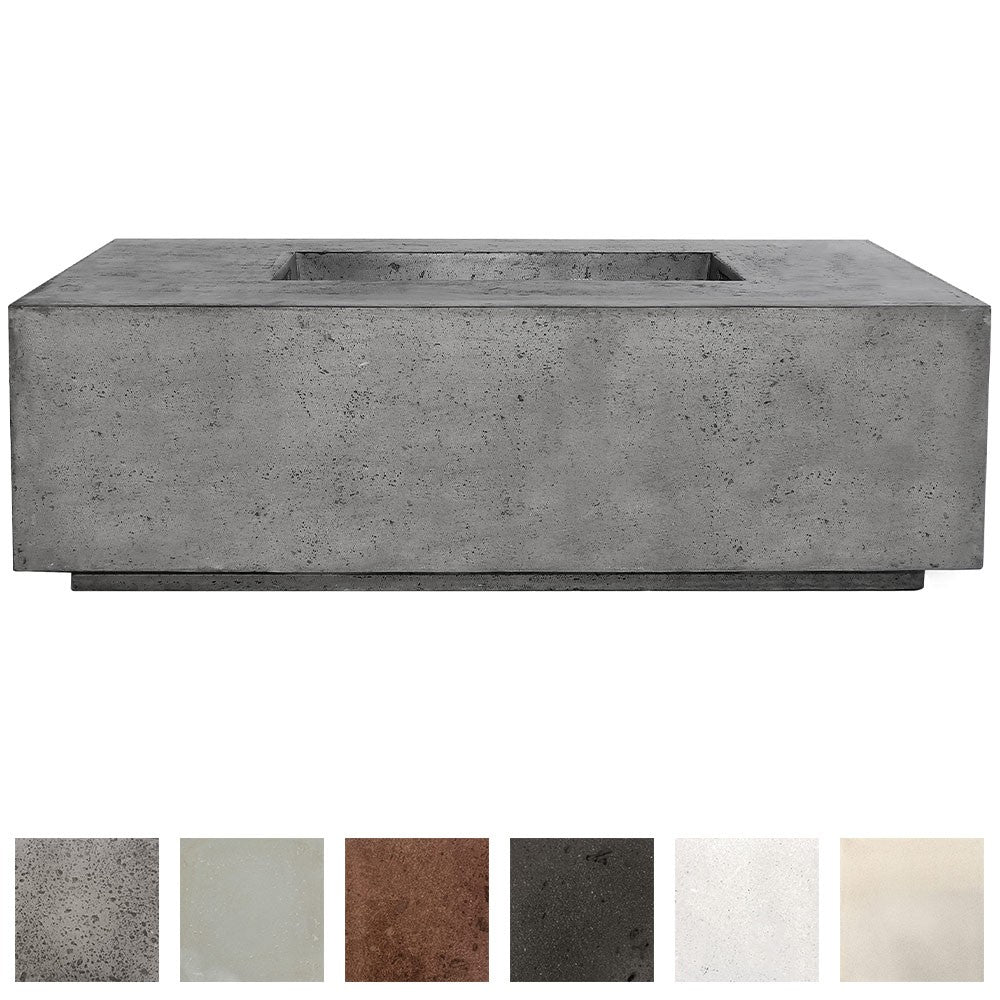 Concrete gas fire pit with rectangular burner opening, gray finish