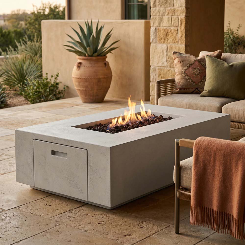 Rectangular concrete gas fire pit with flame, gray panels and front cabinet