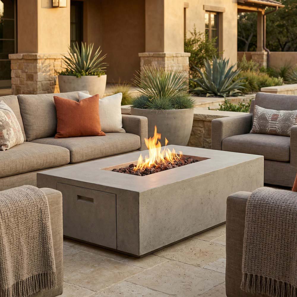 Light gray concrete gas fire pit with flame, front storage doors