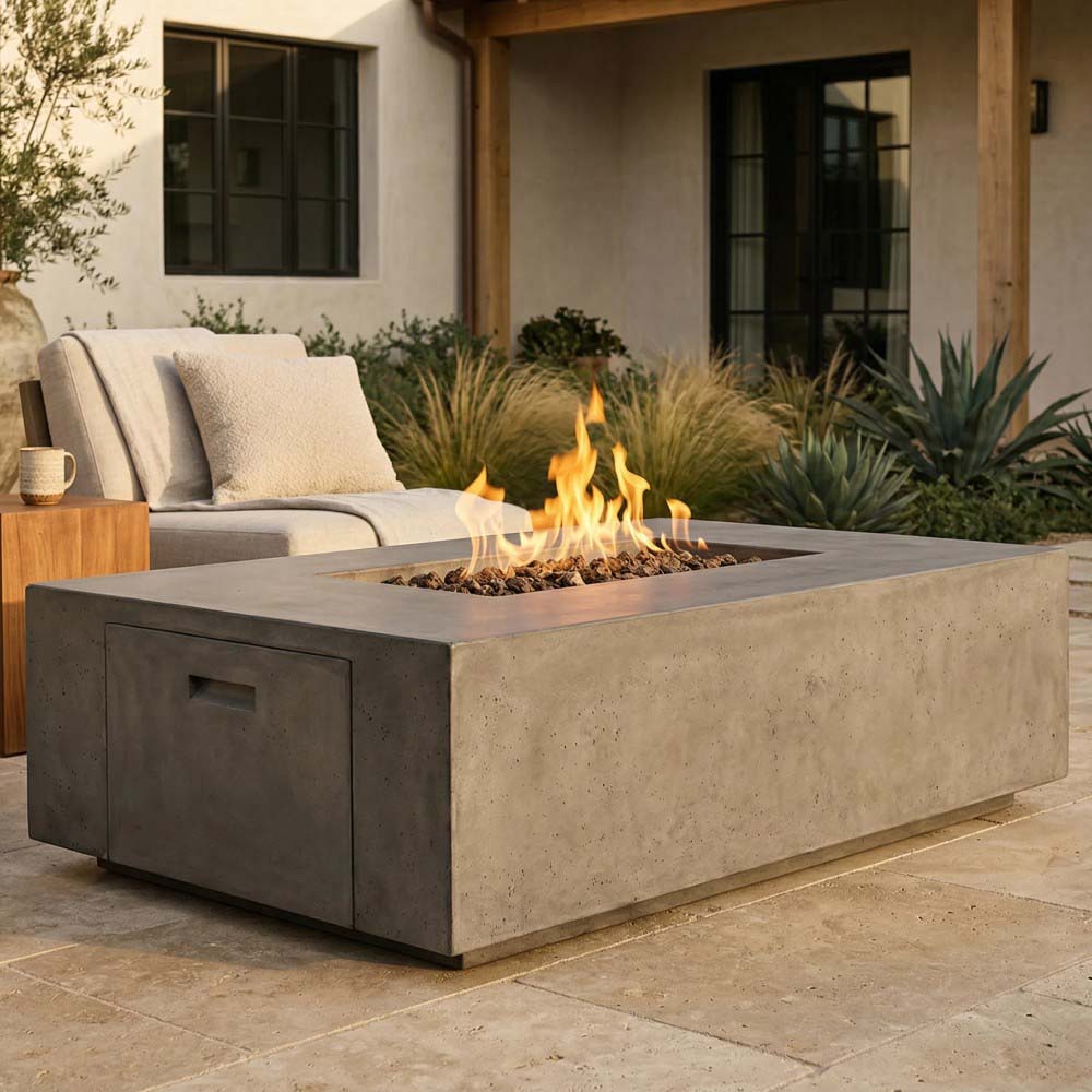 Gray rectangular gas fire pit with side access door and visible flame