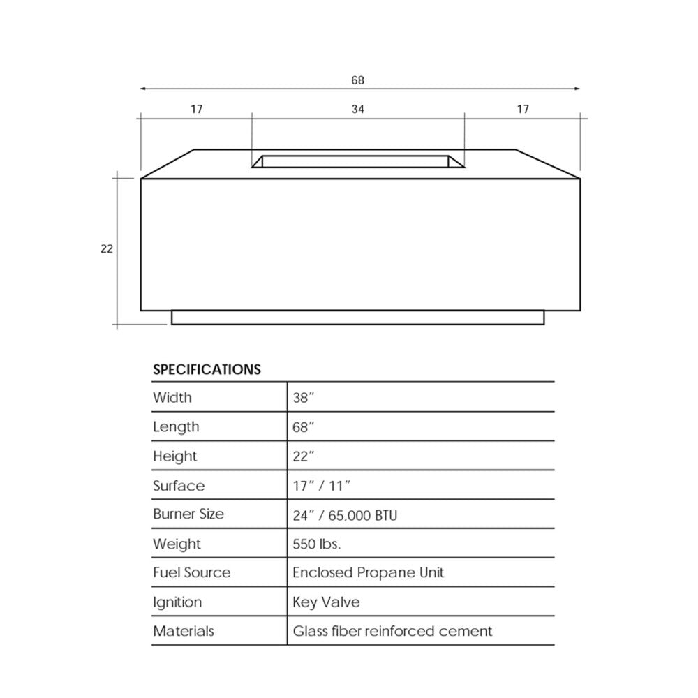 Concrete gas fire pit dimension diagram with front opening and measurements