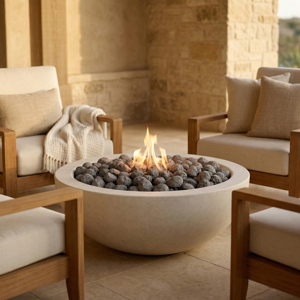 Light gray concrete gas fire pit bowl with visible flames and burner rocks