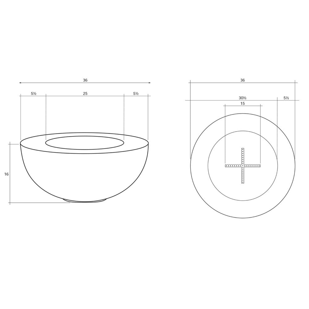 Modern 36-inch concrete gas fire pit with circular bowl and burner opening diagram