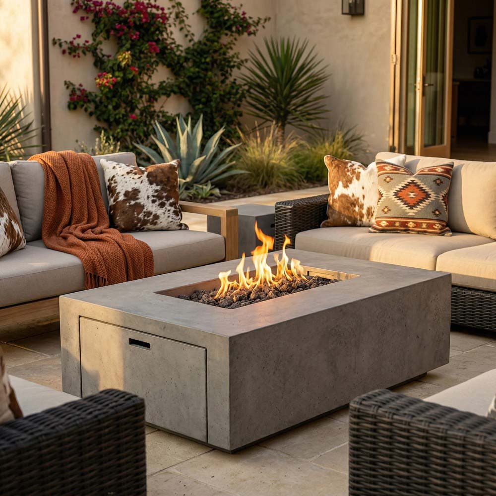 Concrete gas fire pit with flames in square burner and front access panel