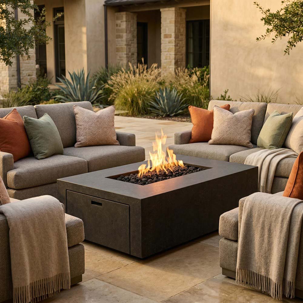Concrete gas fire pit with active flames in square burner, side access door visible