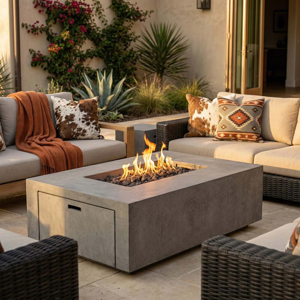 Square concrete gas fire pit burning with flames, front access panel visible