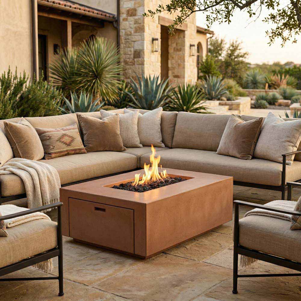 Concrete gas fire pit with visible flames in square burner and front access panel