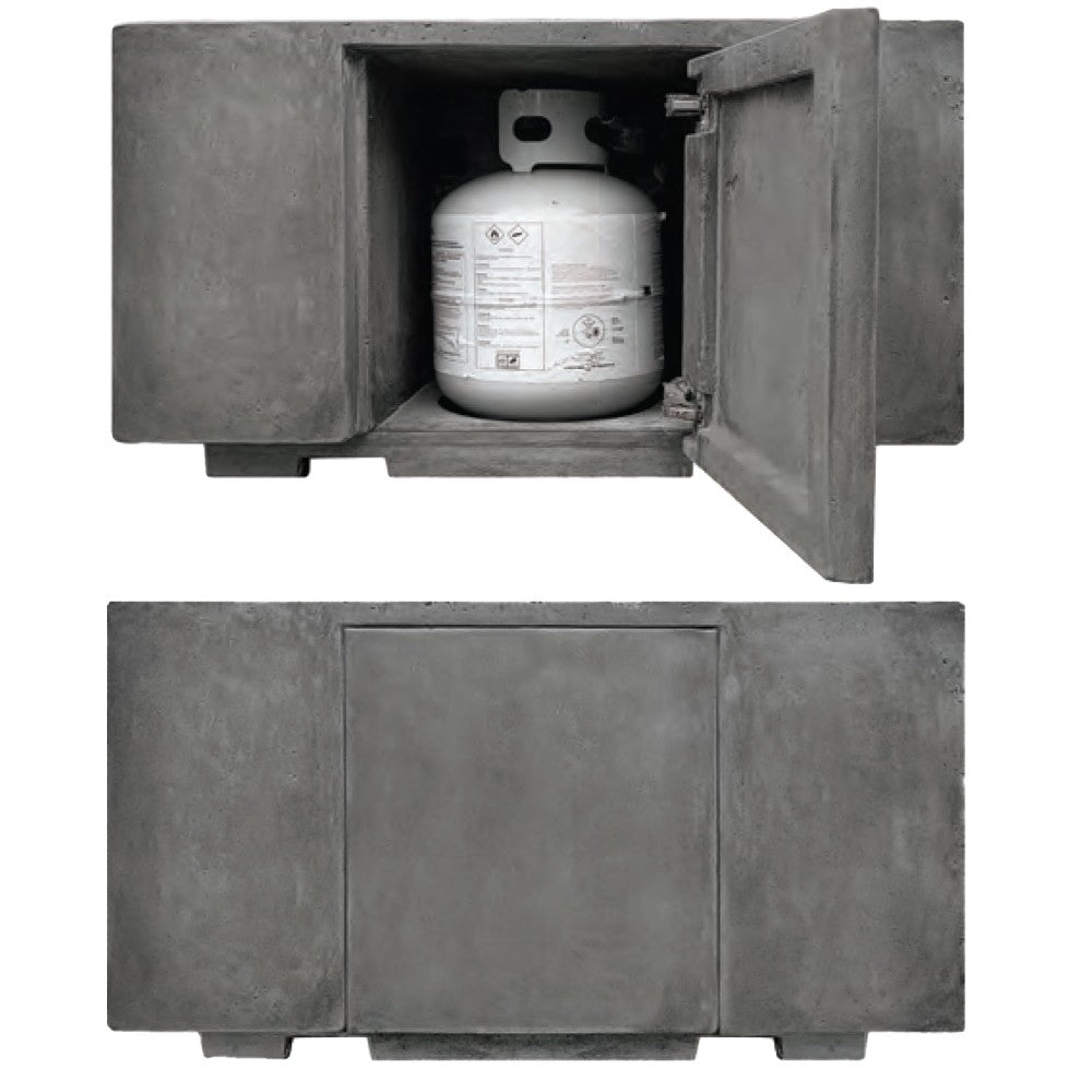Gray concrete gas fire pit with open side panels, showing propane tank compartment