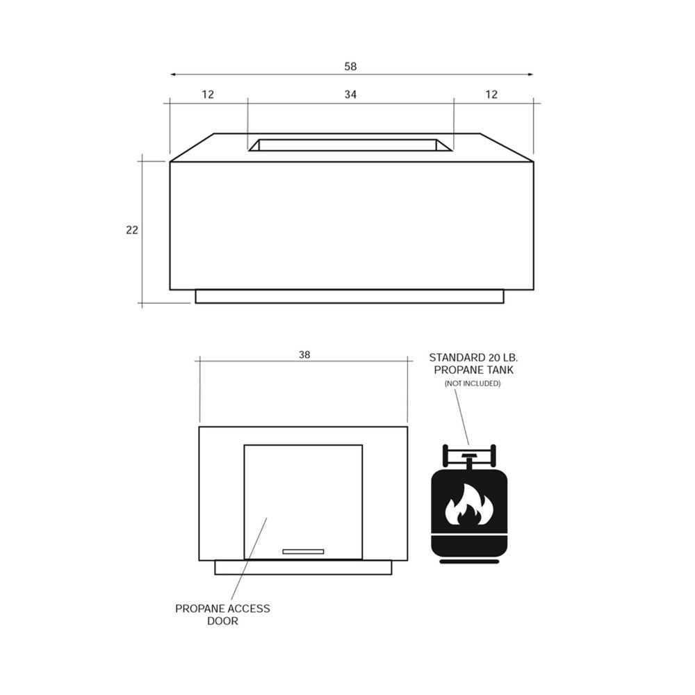 Rectangular concrete gas fire pit with access door and central burner opening