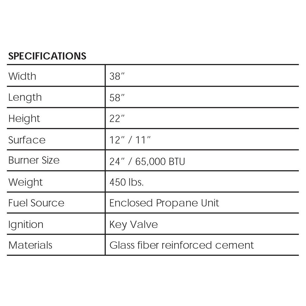 Concrete gas fire pit specs: 58x38 in, 22 in height, glass-fiber reinforced cement
