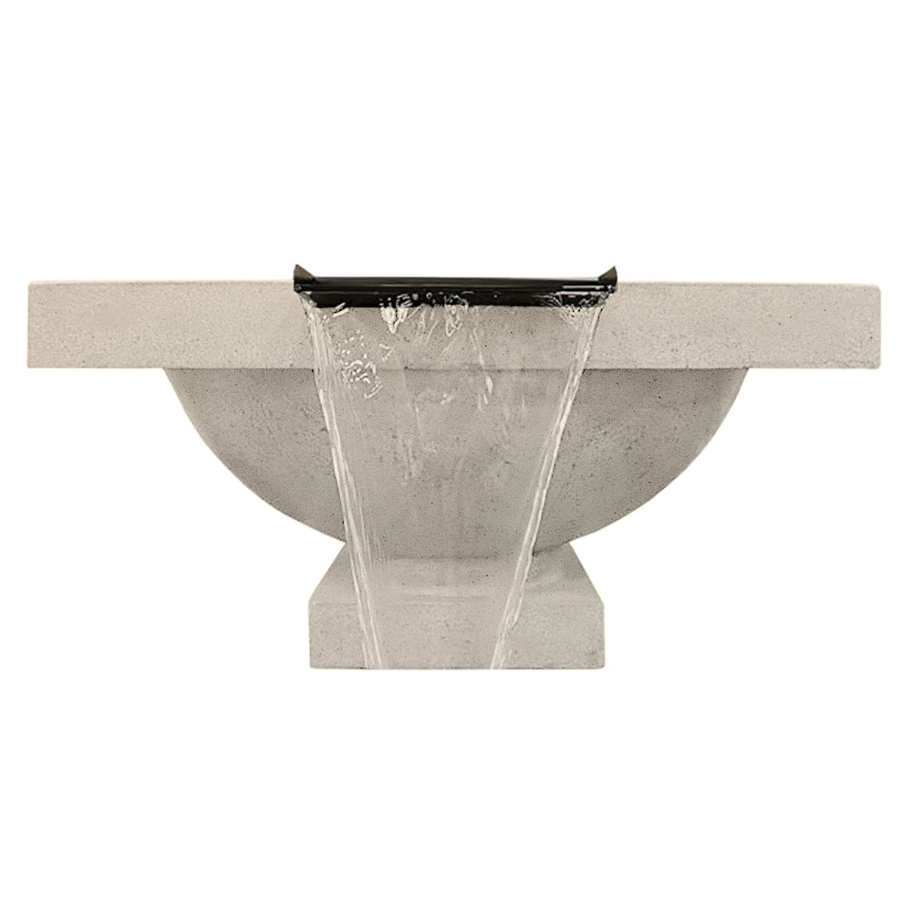 Concrete gas fire and water bowl with light gray finish and visible water flow