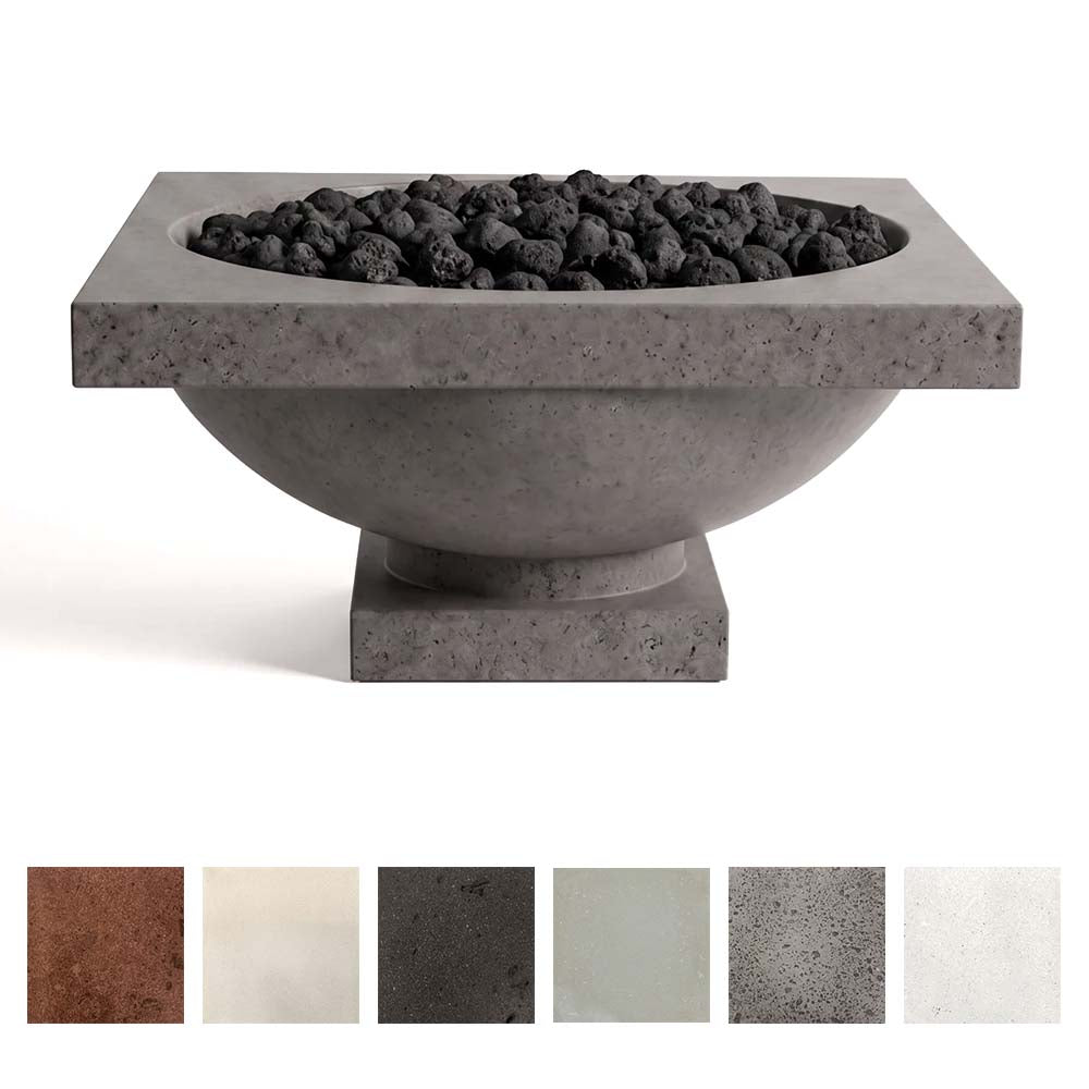 Gray concrete gas fire bowl with dark lava rocks inside