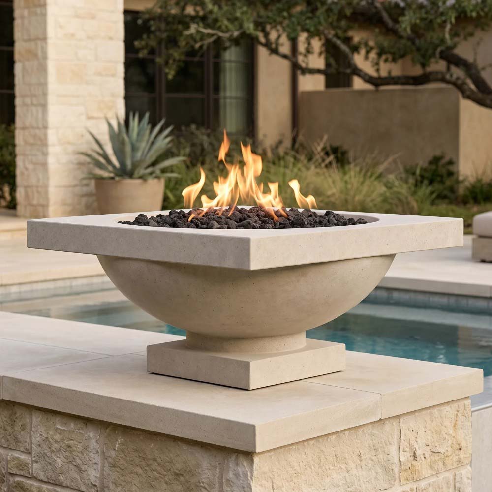 Gray concrete gas fire bowl on pedestal with visible flames and lava rocks