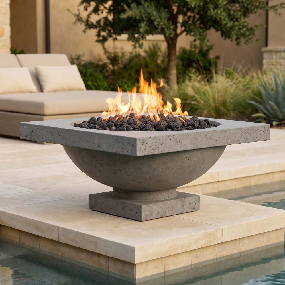 Gray concrete gas fire bowl with lava rocks and flames on patio