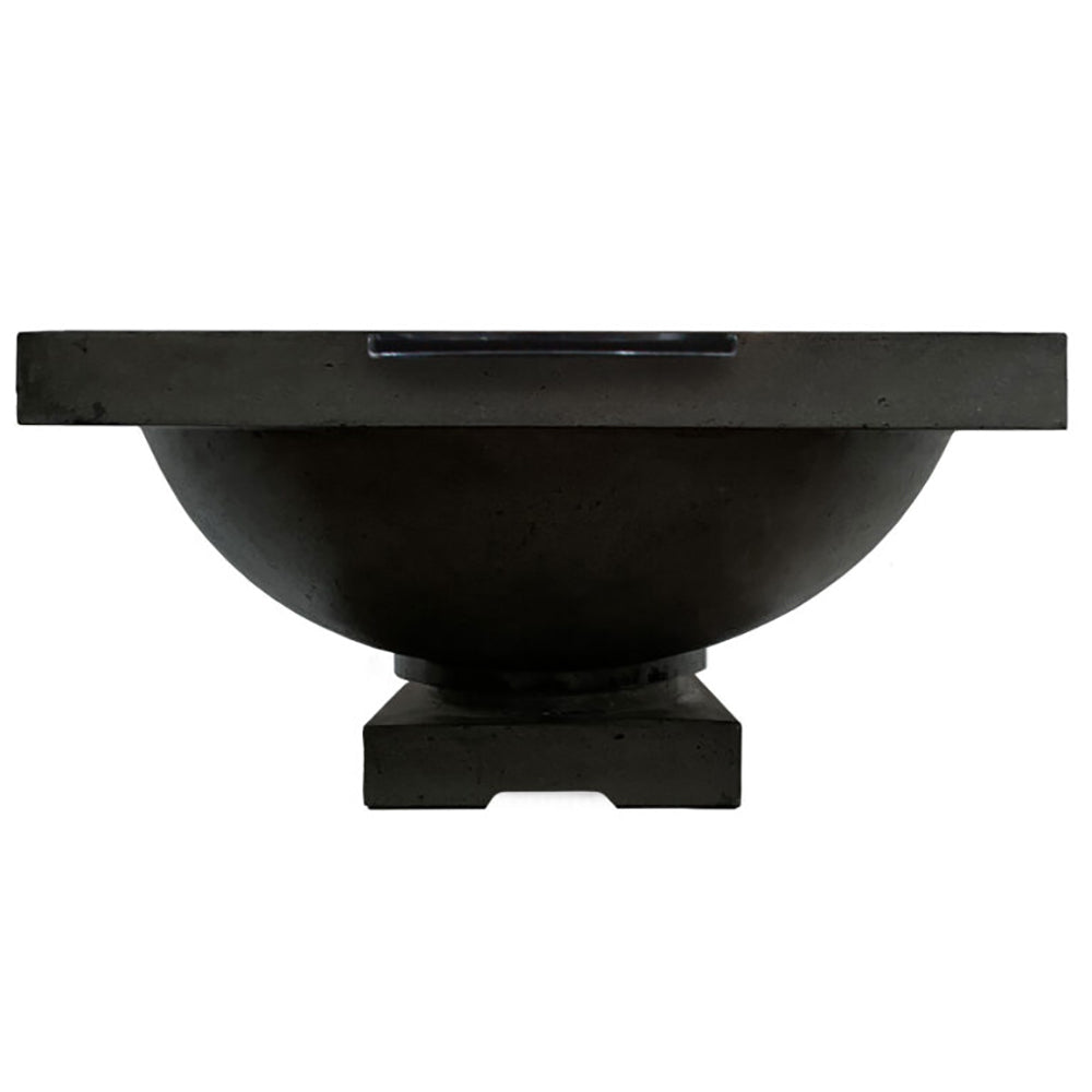 Concrete gas fire and water bowl with black finish, side view
