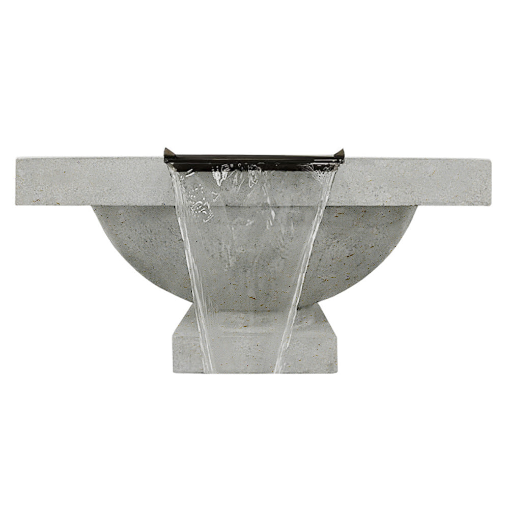 Concrete gas fire and water bowl with light gray finish and visible water flow