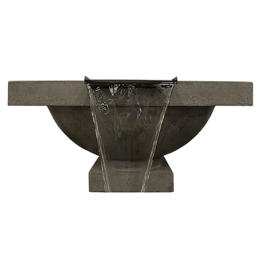 Concrete gas fire bowl with charcoal finish and central glass burner insert