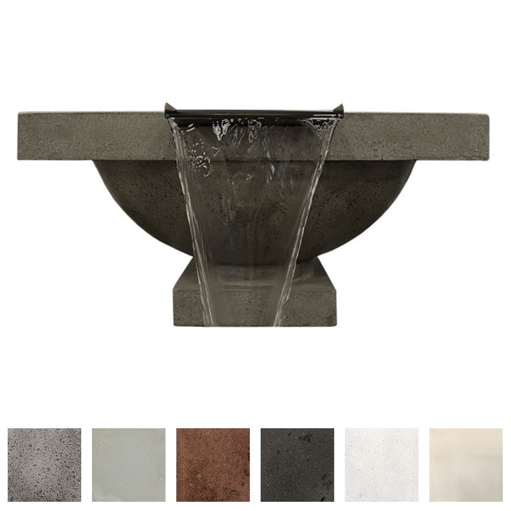Dark concrete fire and water bowl with waterfall spout and black control cover