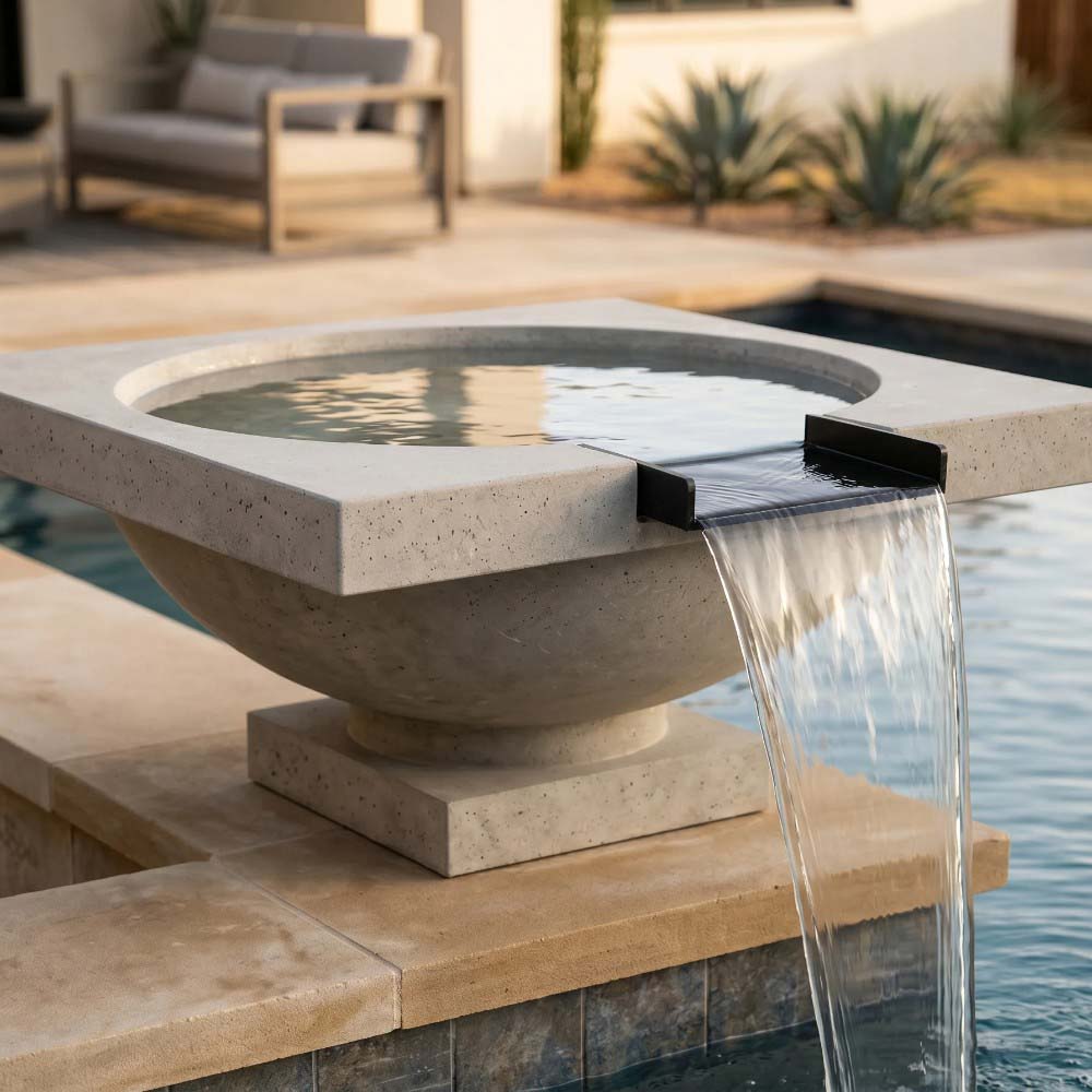 Light concrete fire and water bowl with clear water jet spilling from spout