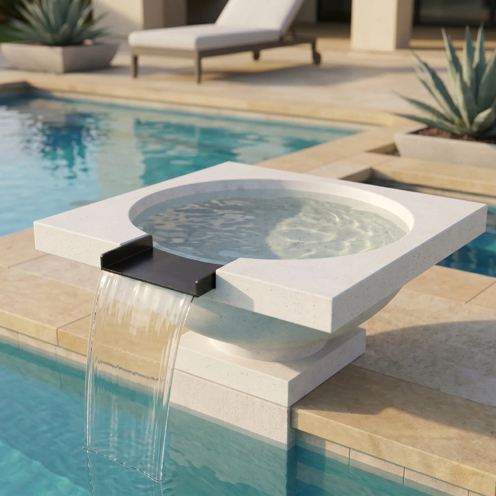 Light concrete fire and water bowl with clear falling water stream