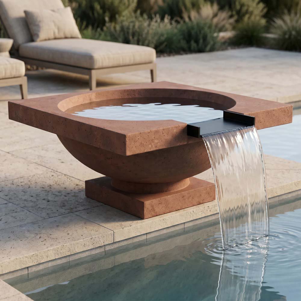 Brown concrete fire and water bowl with clear water jet and black cover