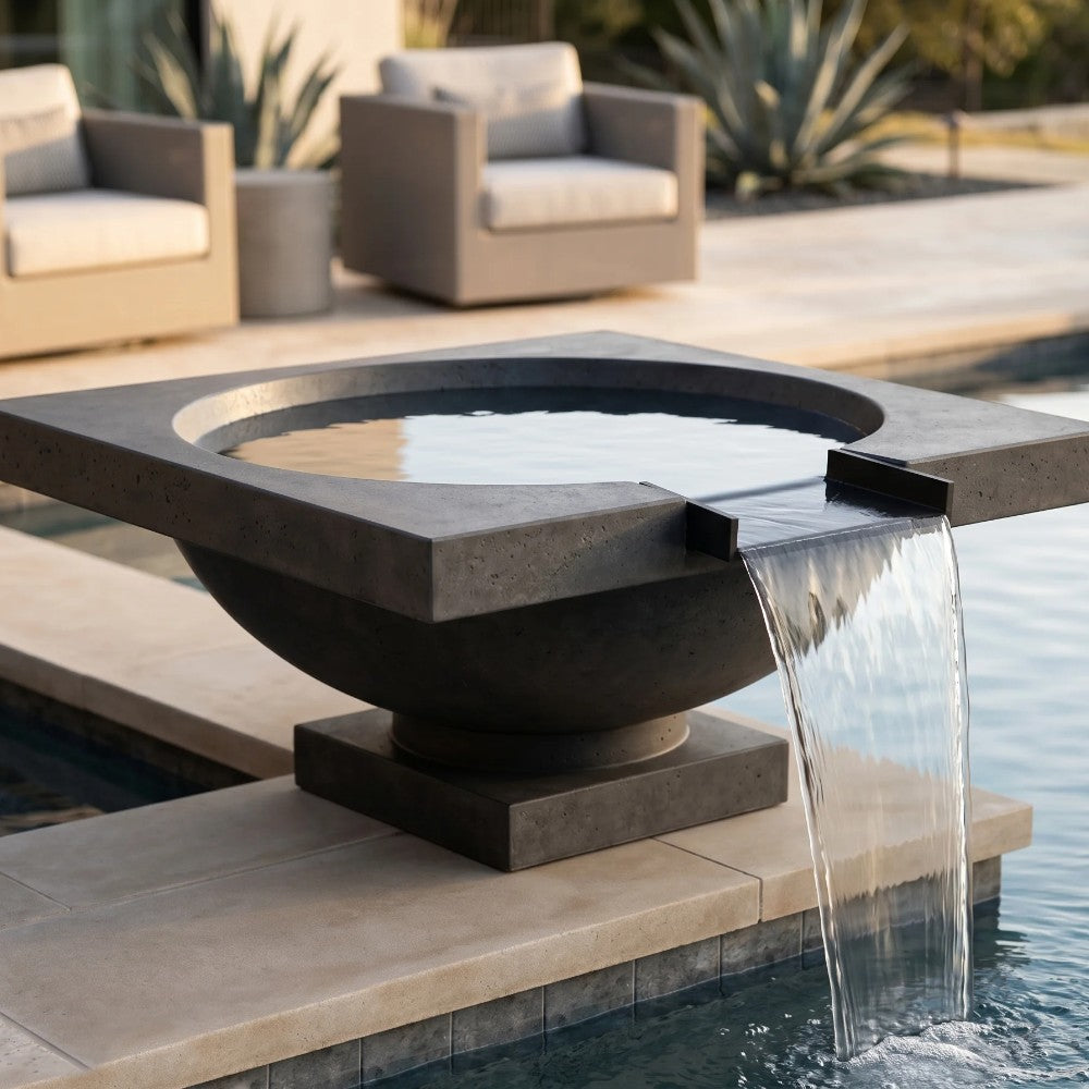 Dark concrete fire and water bowl with raised trough and flowing water