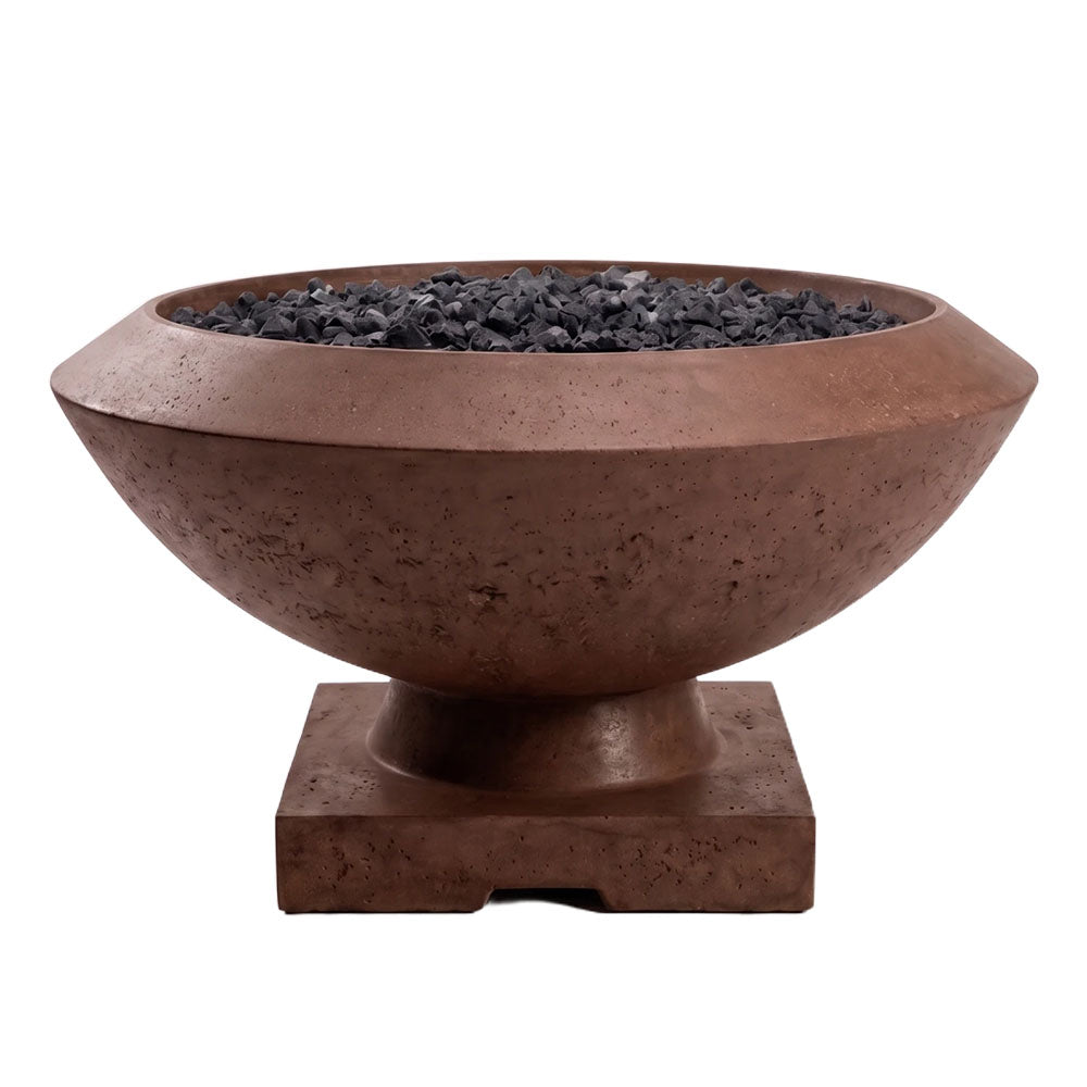 Brown concrete gas fire bowl with rock-filled burner, 33-inch round