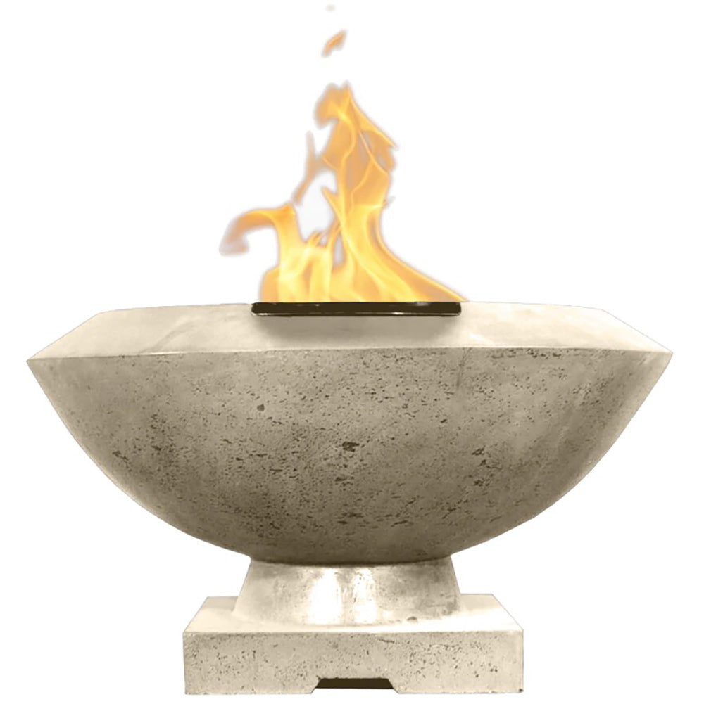 Concrete gas fire bowl, 33-inch, natural off-white finish with flames in center