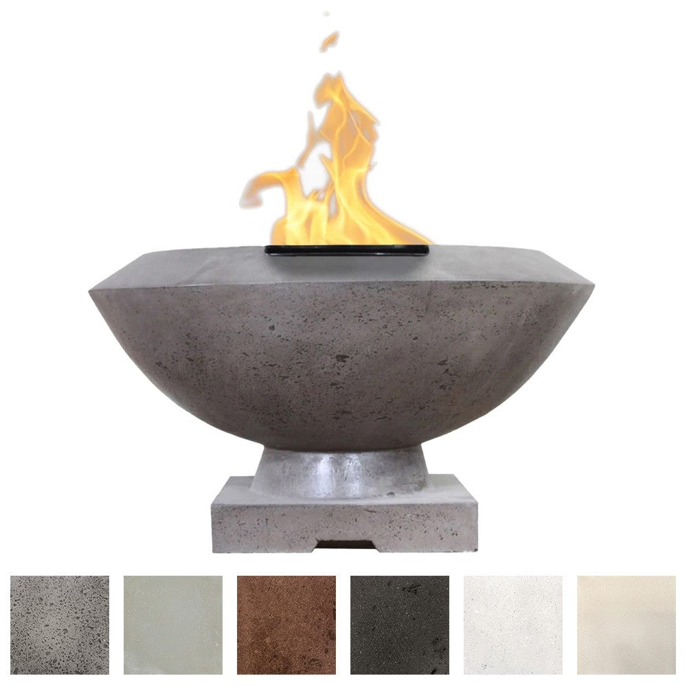 Concrete gas fire bowl with open flame on top, mounted on a square pedestal base