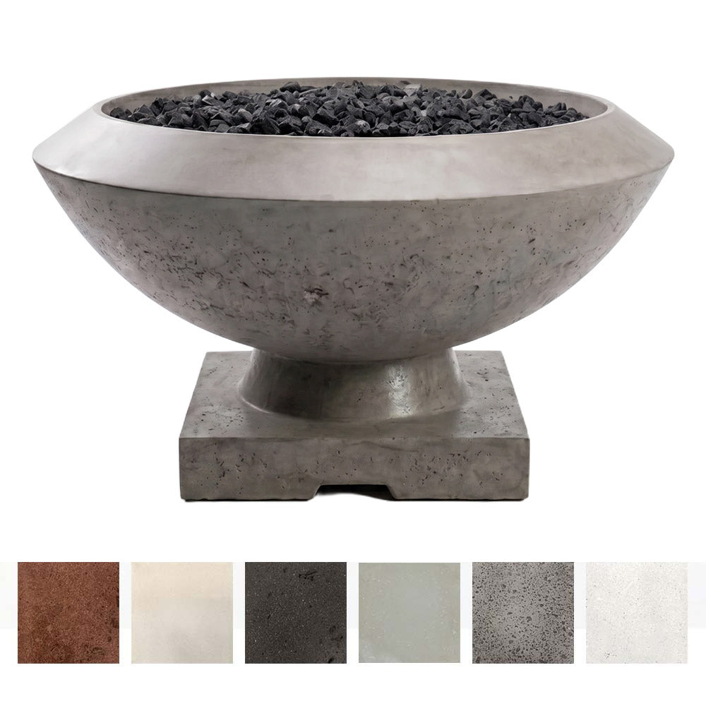 Gray concrete gas fire bowl with rock-filled burner, 33-inch round