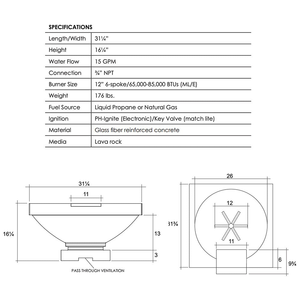 Toscano concrete gas fire bowl technical diagram with burner and base dimensions