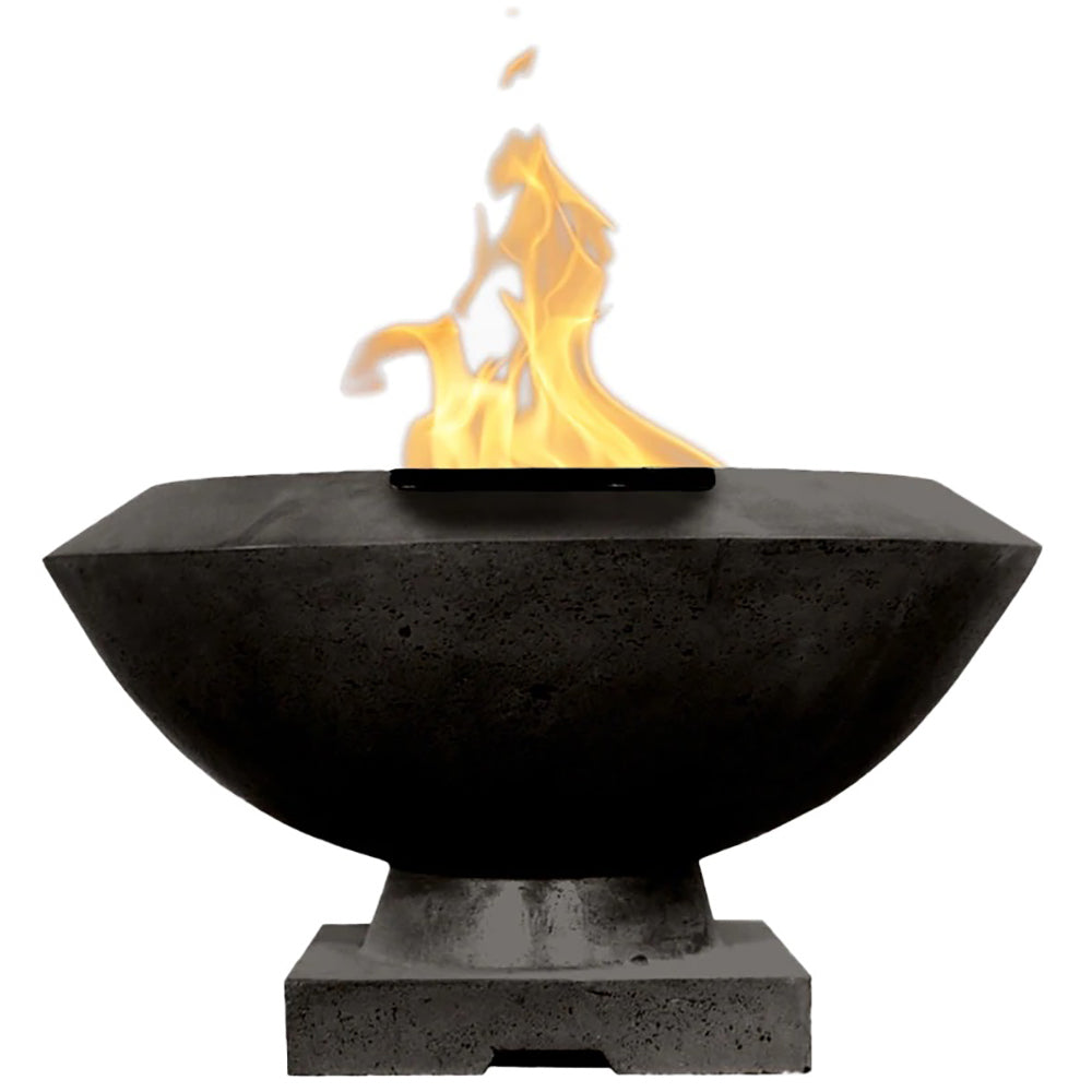 Concrete gas fire bowl, 33-inch, ebony black finish with flames rising from center