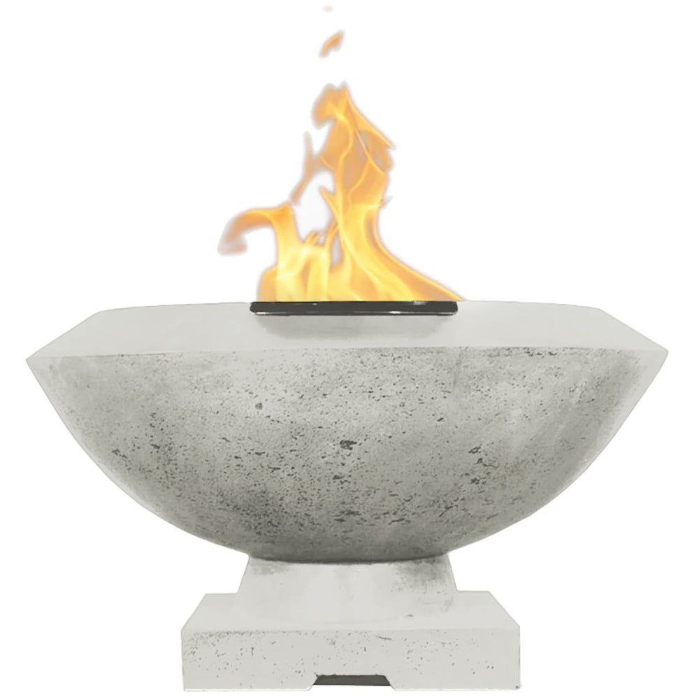 Concrete gas fire bowl, 33-inch, ultra white finish with flames rising from center