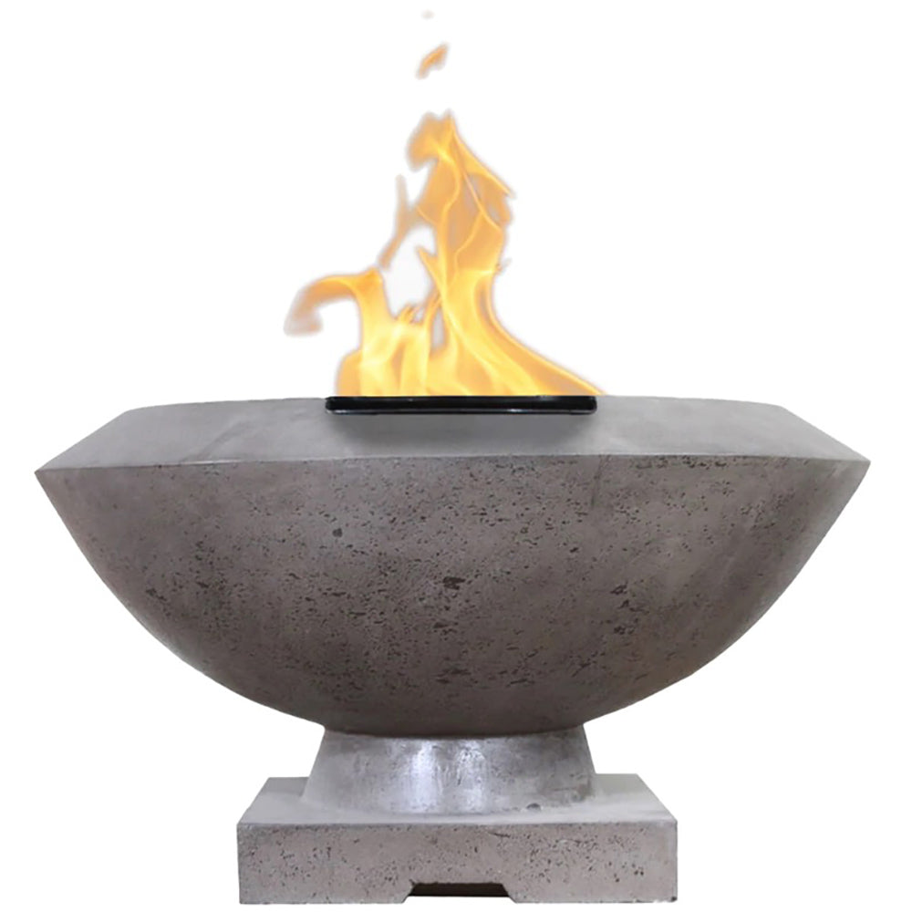 Concrete gas fire bowl, 33-inch, pewter gray finish with flames rising from center