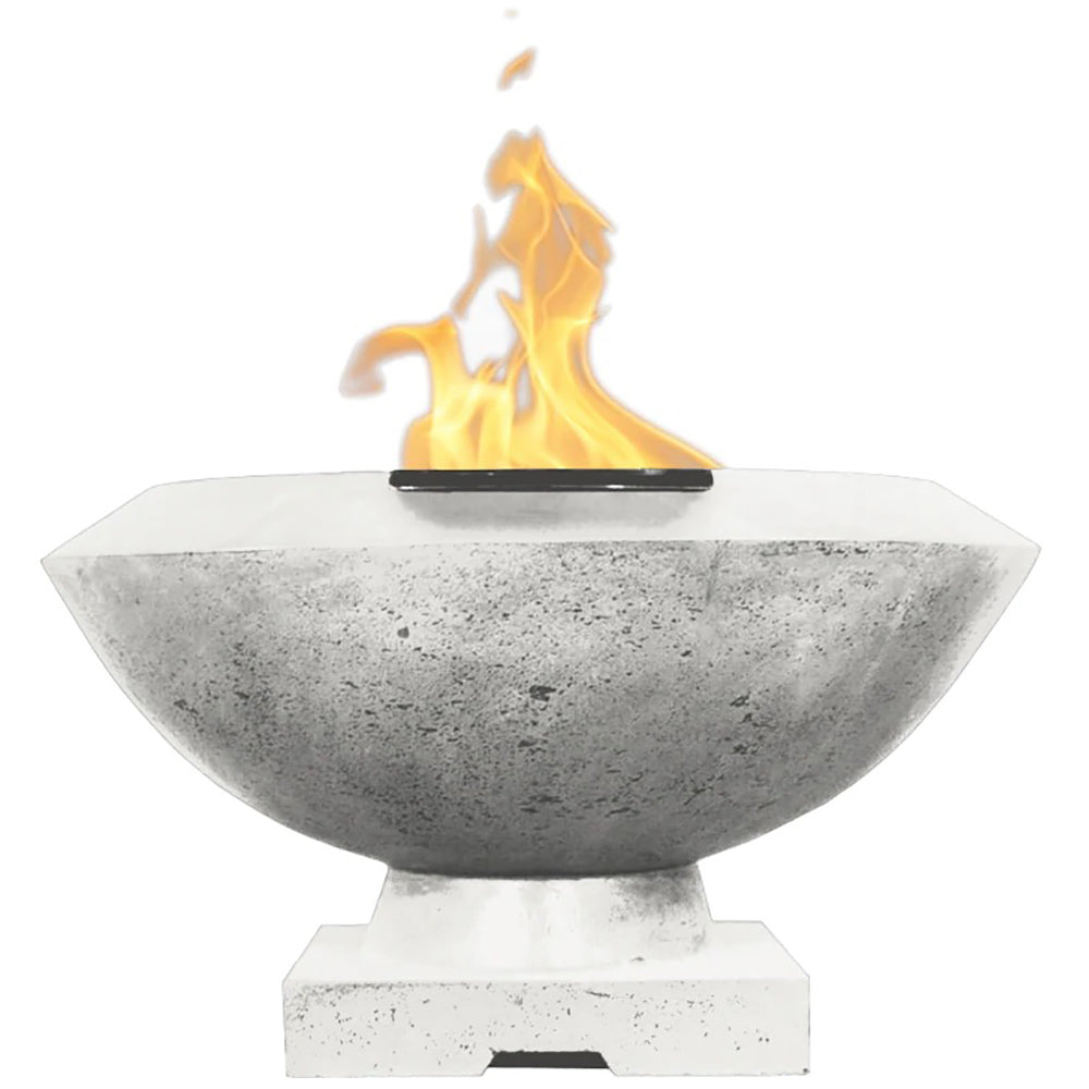Concrete gas fire bowl, 33-inch, light gray finish with flames rising from center