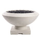 Light gray concrete gas fire bowl with rock-filled burner and square base, 33-inch